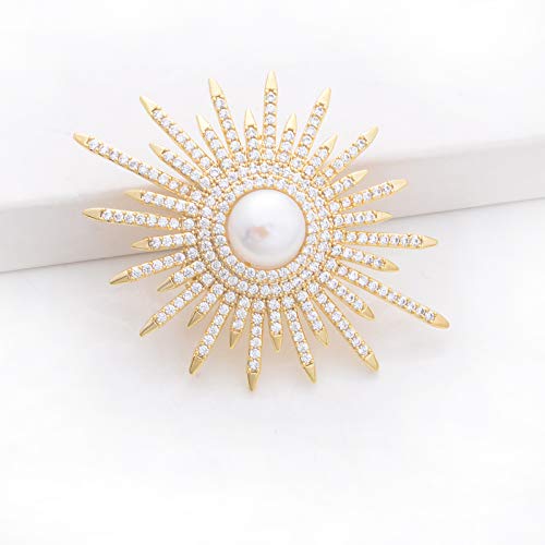 Yybonnie Women's Rhinestone Crystal Freshwater Pearl Blooming Star Flower Brooch Pin Shawl Pin Corsage Bridal Wedding Holiday Jewelry (Gold) #TOP2