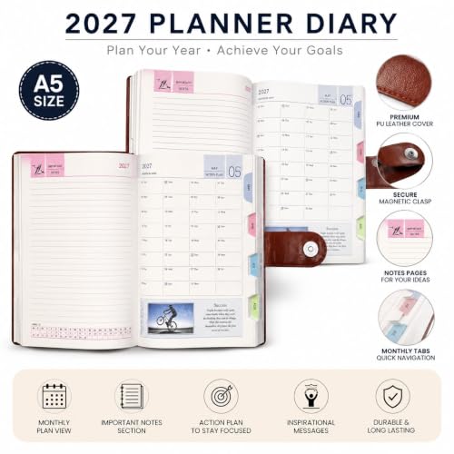 Image of 2027 Diary with Dates, 2027 Daily Planner Full Page Per Day with Monthly Calendar, New Year Diary 2027 80 GSM Size B5 25x17cm, 365 Days Aesthetic Book & Daily Notebook - Wood Grey