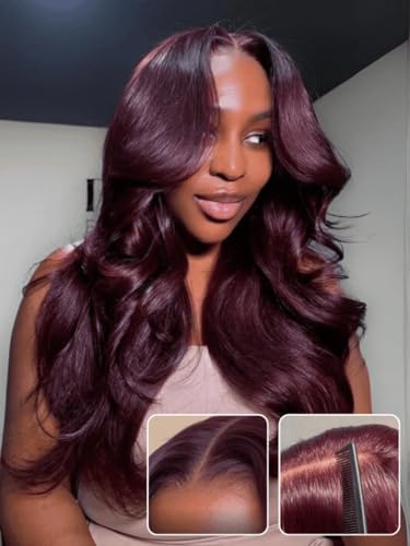 Image of Beauty Forever 13x4 Pre-Everything Lace Frontal Glueless Wig Human Hair Pre Plucked Pre Cut Black Cherry Loose Body Wave Drawstring Wig With Face Framing Layers Ready to Go Wigs 150% Density 18inch
