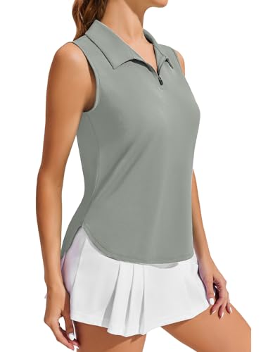 Image of PINSPARK Women Golf Shirts Sleeveless UPF 50+ Tennis Polo V-Neck Quick Dry Athletic T Shirt 1 /4 Zip Collar Workout Tank Top