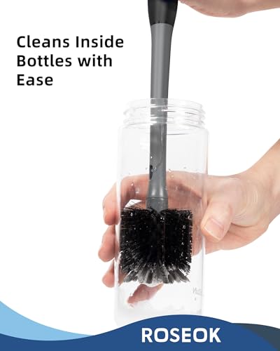 Image of ROSEOK 2 in 1 Bottle Brush with Straw Cleaner Brush, Water Bottle Brush | For Cleaning Glass, Sports Bottle, Coffee Mug, Cup Cleaner, Black, 1 Pack