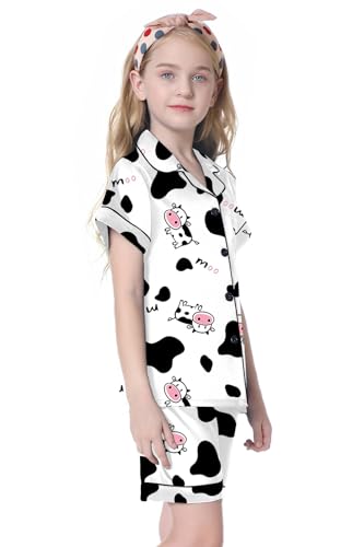 Image of Umeyda Women & Girls Pajamas Set, 2 Piece PJS Satin Silk Sleepwear Button-Down Top with Shorts for Mom Kids Gifts