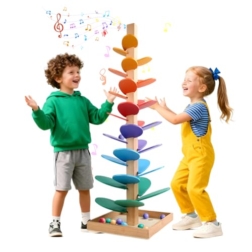 WRQIOO Murmelbahn Holz, Klangbaum, Kugelbahn Holz Baby, Klangturm, Klang Murmelbahn Regenbogen, Murmelturm Ho-lz Montessori mit 10 Kugeln, für ab 3 Jahr