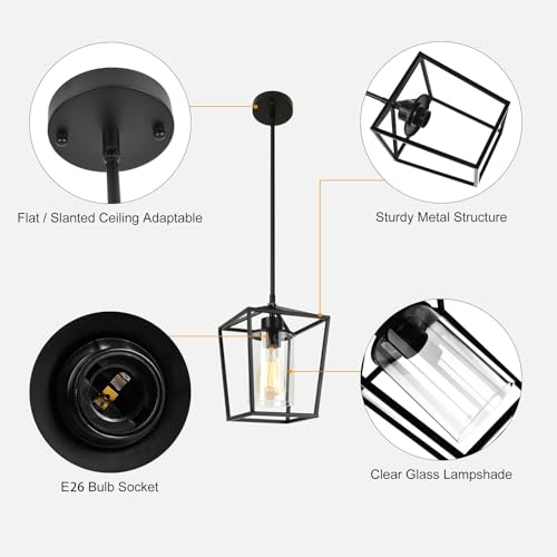 Gzjunyo 1-Light Black Pendant Light Fixture Farmhouse Iron Cage Metal Pendant Light Lantern Hanging Light Fixtures With Clear Glass Shade For Kitchen Island thumb #4