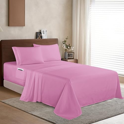 Elegant Comfort Luxury 1500 Premium Hotel Quality Microfiber 4-Piece Sheet Set- Soft, All Around Elastic 18-24 Inches Deep Fitted Sheet - Extra Deep Pocket Sheets, King, Light Pink