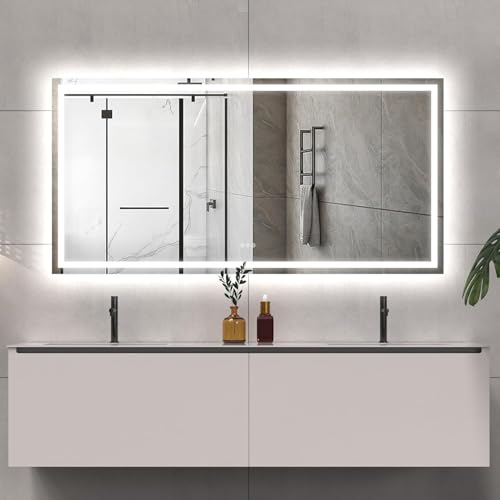 LED Bathroom Mirror Lights 72x36 Inch Front & Backlit Lights Vanity Mirror, Wall Mounted Anti-Fog Dimmable LED Makeup Mirror, IP54 3K-6K Warm/Natural/Daylight, Tempered Glass (Horizontal/Vertical) UL