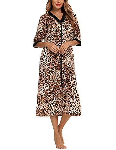 BESDEL-Femmes-Decontracte-Longue-Chemise-de-Nuit-Confortable-en-Coton-Chemise-de-Nuit-Robe-de-Maison-Zippee-Vetements-de-Detente-a-Imprime-Floral-avec-Poches-S-XXL