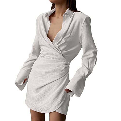JEAAMKSSER Sexy Satin Shirt Dress for Women Deep V Neck Long Sleeve Short Mini Dress with Padded Shoulder White M