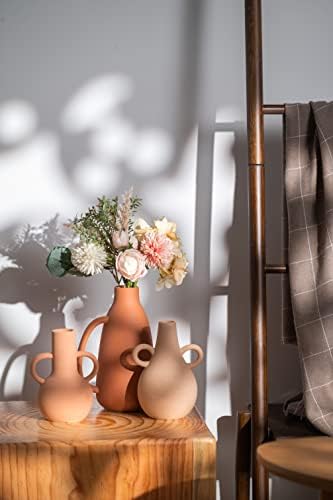 TERESA'S COLLECTIONS Ceramic Vase for Flowers, Set of 3 Decorative Flower Vases with Handle, Terracotta Beige Boho Pottery Vase for Living Room, Mantel, Shelf, Kitchen, 22.2/15.3cm Tall