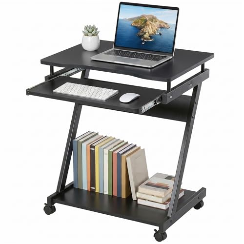 HOMCOM Mesa de Ordenador con Ruedas, 60x48 cm, Escritorio de Ordenador Moderno con Bandeja Deslizante para Teclado y Estante Inferior, Marco Metálico en Forma de Z, para Oficina, Estudio, Negro