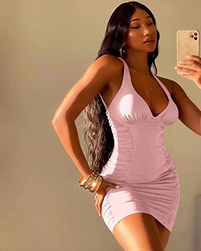 Image of ZileZile Women's Sexy Bodycon Sleeveless V-Neck Ruched Spaghetti Strap Mini Club Dress Pink
