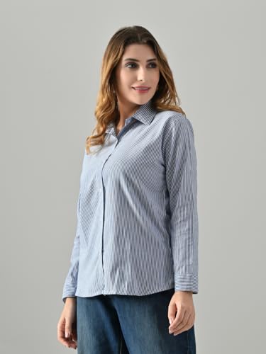 Image of Women's Blue Cotton Striped Shirt - Regular Fit, Full Sleeve, Collared Formal Shirt for Office, Casual