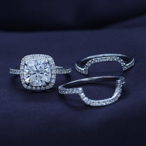 SAVEARTH DIAMONDS Cushion Cut Lab Created Moissanite Engagement Ring & Double Wedding Band Halo Bridal Set, Wedding Rings Bands in 14k Gold Plated 925 Sterling Silver (3.50 Cttw, G-H/VVS1)4