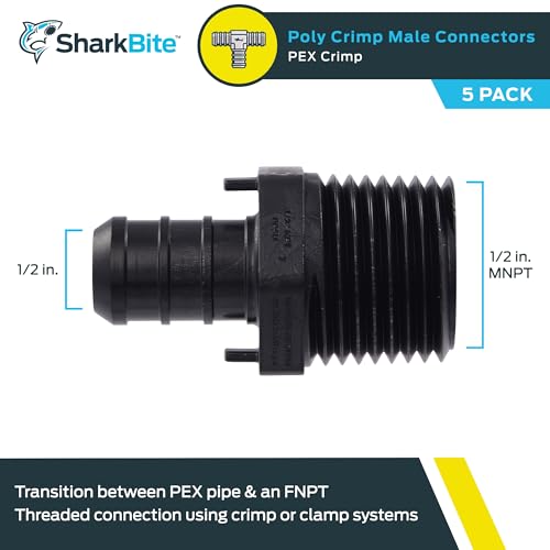 Image of SharkBite 1 /2 x 1 /2 Inch MNPT Poly Crimp Adapter, Pack of 5, PEX Pipe, PE-RT, UP120A5