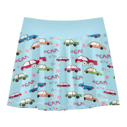 CHIFIGNO Cute Cartoon Cars Light Blue Girls' Tennis Skirt with Shorts Pleated Athletic Skorts Workout Golf Skirts Size 11-12