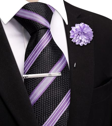 Image of Hi-Tie 63 inches Striped Paisley Extra Long Ties for Men Silk Necktie with Lapel Pin Tie Clip Big and Tall Men Formal Wedding