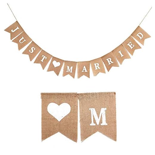 Just Married Banner Burlap, Wedding Banner Heart Patterns, Decoración de boda romántica, para el compromiso nupcial de despedida de soltera