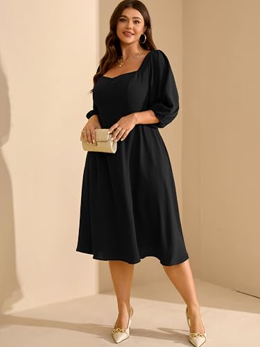 Image of RWJ Plus Size Dress for Women Fall 3 /4 Sleeve Sweetheart Neck Aline Casual Wedding Guest Formal Midi Dresses with Pockets