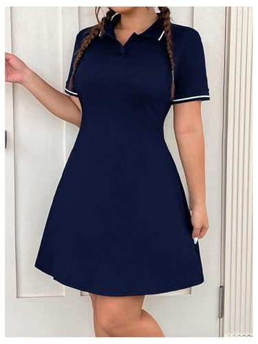 Image of RoseSeek Women's Plus Size Football Jersey Dress Collared Golf Tennis Dress Button Front A Line Streetwear Dresses Dark Blue 3XL