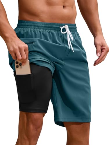 Mens Swim Trunks with Compression Liner 9 Inch Quick Dry 2 in 1 Swimming Board Shorts Bathing Suit w/Zipper Pockets