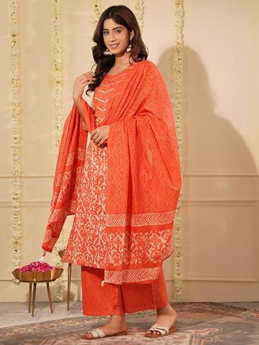 Image of Amayra Women's Pure Cotton Printed Straight Kurta Set with Palazzo Pants & Dupatta- Ethnic Wear