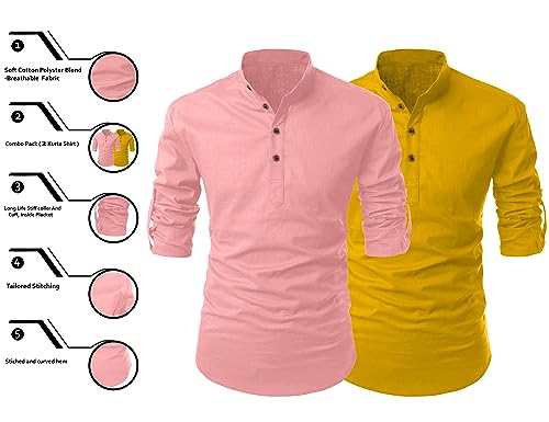 Image of FINIVO FASHION Combo of Men's Cotton Blend Solid Regular Fit Full Sleeve Straight Short Kurta Shirt, Casual and Formal Wear