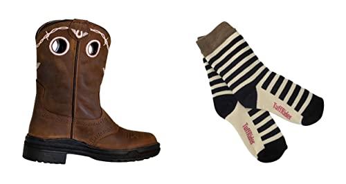 TuffRider Children's Yosemite Round Toe Western Boot- Brown-With Free Assorted Striped Socks