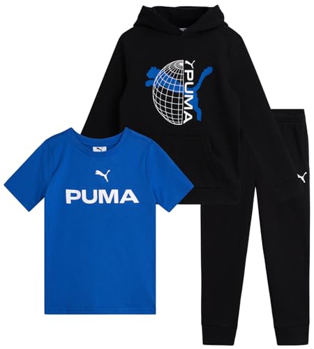 PUMA Toddler Boys Pants Set - 3 Piece Active T-Shirt, Fleece Hoodie Sweatshirt, and Jogger Pants Set for Little Boys (2T-7)