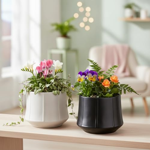 Image of Xtore 2 Pc Elegant Matte Black Ceramic Planter Pot for Indoor Plants & Tabletop Styling | Modern Minimal Desk, Shelf & Living Room Decor (Black & Grey, Planters only)