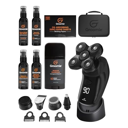 Groomie Mens Grooming Bundle - BaldiePro Electric Head Shaver for Bald Men Includes Travel Case, Charging Dock & Accessory Kit - Deodorant, Scalp & Face Serum, Shave Gel, Aftershave, Pre-Shave Oil