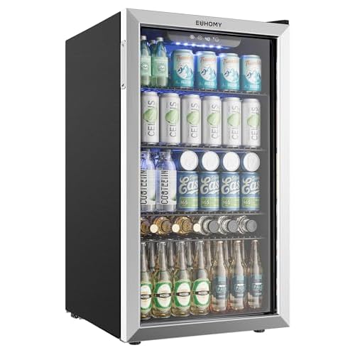 EUHOMY Beverage Refrigerator and Cooler, 128 Can Mini fridge with Glass Door, Small Refrigerator with Adjustable Shelves for Soda Beer or Wine, Perfect for Home/Bar/Office, Silver