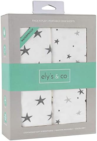 Ely's & Co. Patent Pending Waterproof Pack n Play│Mini Crib Sheet 2-Pack Set for Baby Boy or Baby Girl - 100% Combed Jersey Knit Cotton Sheets with Eco-Friendly Waterproof Lining — Grey Stars