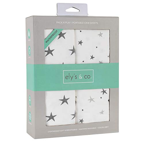Ely's & Co. Patent Pending Waterproof Pack N Play│Mini Crib Sheet 2-Pack Set For Baby Boy Or Baby Girl - 100% Combed Jersey Knit Cotton Sheets With Eco-Friendly Waterproof Lining — Grey Stars #TOP9