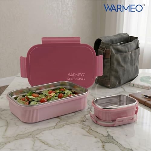 Image of WARMEO MICROMATE Microwave-Safe Stainless Steel Lunch Box, Bpa Free, Perfect for Office, School, Travelling, Combo(800ml+150 ml), Pink