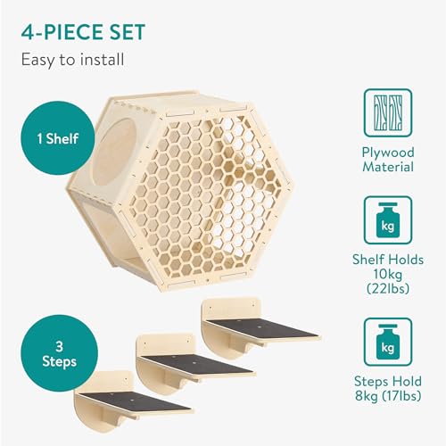Navaris Percorso Gatti da Parete Set da 4-1 Mensola Gatto e 3 Scalini - Accessori Gatti in Casa - Giochi Gatto - Pannello Scaletta Gatti - Esagonale