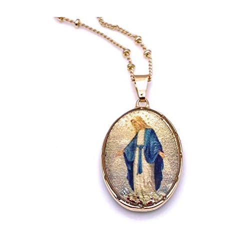 LESLIE BOULES Virgen La Milagrosa Pendant Necklace 18K Gold Plated Chain 18 Inches Length Cover