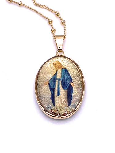 LESLIE BOULES Virgen La Milagrosa Pendant Necklace 18K Gold Plated Chain 18 Inches Length