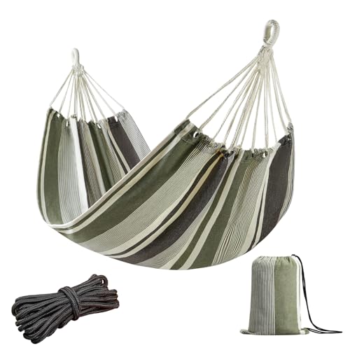 Image of JoyView Brazilian Hammock for Single Person Portable Hammock with Hanging Ropes & Carry Bag Large 78.8x39.4 inch for Patio 300LBS Capacity Perfect for Outdoor /Indoor - Green Grey Stripes