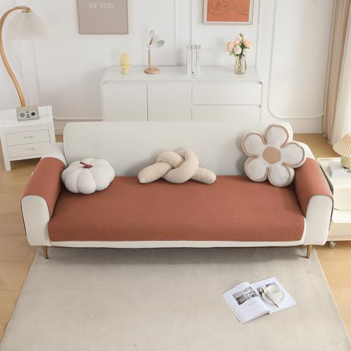 Image of HOKIPO Quilted 1 Seater Sofa Cover Set, One Seat Mat with Two Armrest Covers with Pockets, Brown (IN-716+IN-787-BR*2)