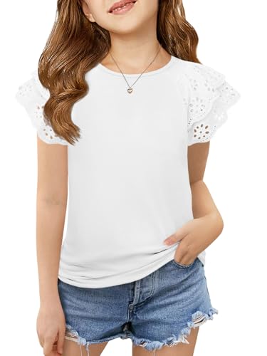 Haloumoning Girls Ruffle Sleeve T Shirts Summer Short Sleeve Casual Cute Crewneck Tops Tees 5-14 Years