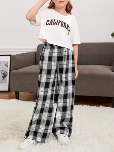 Girl's Plaid Wide Leg Pants Elastic High Waisted Trousers Trendy Sweatpants with Slant Pockets Black and White 9Y4