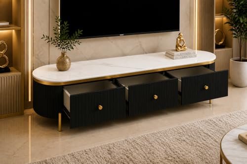 Image of Mazzo White Marble TV Unit Console | 70 inchx15 inchx18 inch | Golden Legs & Charcoal Louvers | Storage Drawers | Modern TV Stand Console Unit White Marble Top with Gold Accents, Storage (Black)