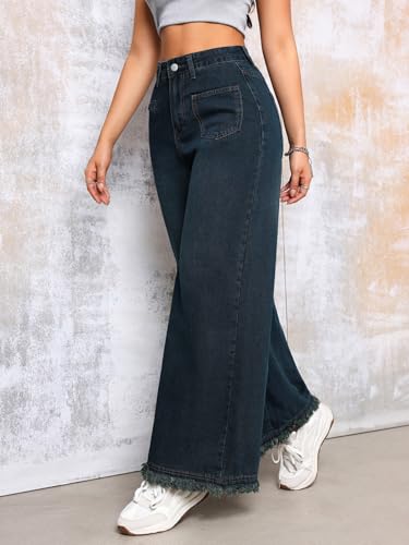 utcoco Womens Vintage Wide Leg Jeans Y2K Low Rise Raw Flared Palazzo Trousers Maxi Denim Pants3