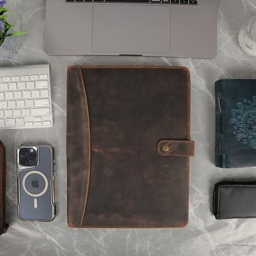 Image of KomalC Leather Portfolio Folder with Luxury Pen and Button Closure | Business Padfolio for Professionals | Vintage Organizer with Legal Pad Holder & Card Slots (Distressed Tan)