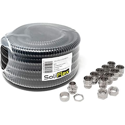 Outdoor Flexible Metal Cable Trunking | Galvanised PVC Coated Conduit Contractor Pack (IP54) 10M Coil - Underground Burial, Garden Ducting w/Fittings - 10 Glands and Locknuts Cover