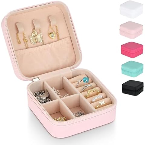 Souarts Travel Jewelry Box, PU Small Jewelry Box & Organizer, Pink Travel Jewelry Case for Women Girls, Ring Necklace Organizer Case Storage Gift Box Cover