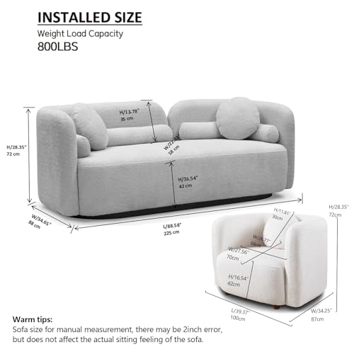 Image of Curved Sofa Set for Living Room, 3-Seater Upholstered Boucle Fabric Modern Sofa Set of 2 Piece Couch Set Rectangular Sofa with Oversized Single Sofa Chair Modern Sofa Set Home Bedroom Office White