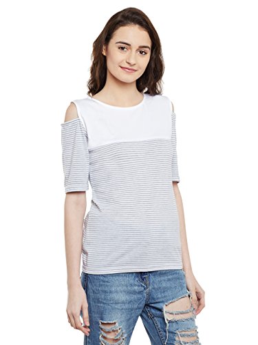Image of Miss Chase Women's Navy Blue and White Round Neck Half Sleeves Striped Cold Shoulder Top