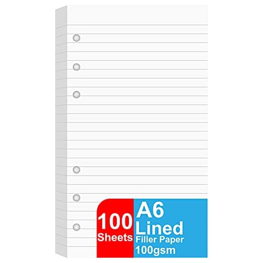 A6 Lined Refill Paper, 100 Sheets/200 Pages Loose Leaf Paper for Filofax Person Binders, 6 Holes Punched, 100gsm Ruled White Filler Paper, 3.75'' x 6.75''