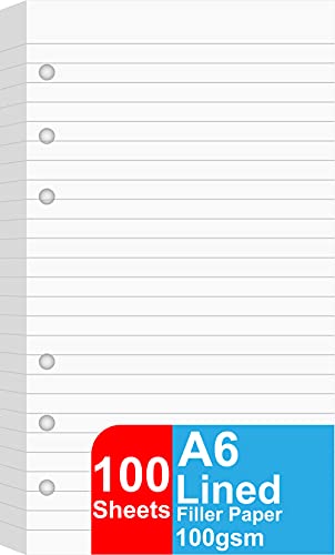 A6 Lined Refill Paper 100 Sheets/200 Pages Loose Leaf Paper for Filofax Person Binders 6 Holes Punched 100gsm Ruled White Filler Paper 3.75 x 6.75